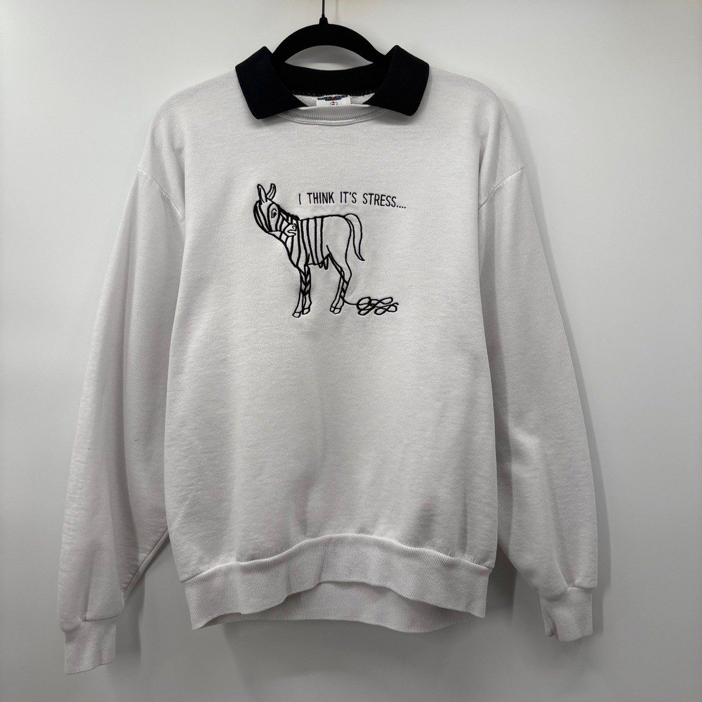 Jerzees Womens Size Medium Stress Zebra Crewneck Sweatshirt Top Collar White
